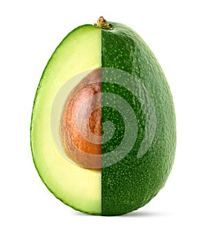 Whole and half of fresh green avocado on white background