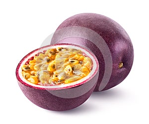 Whole and half fresh passion fruit on white background