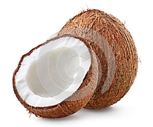 Whole and half of fresh ripe coconut on white background