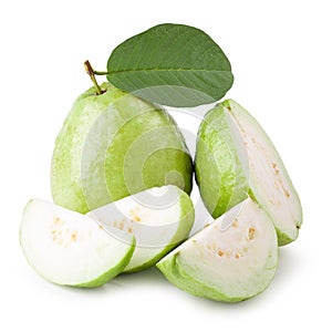 Whole and half guava fruit with leaf isolated on the white background