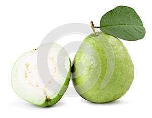 Whole and half guava fruit with leaf isolated on the white background