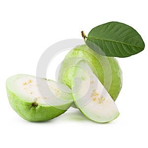 Whole and half guava fruit with leaf isolated on the white background
