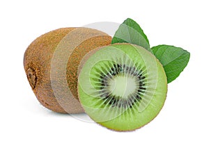 Whole and half half kiwi fruit with leaf isolated on white