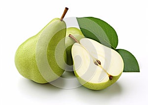 Whole and half pears on white background.Macro.AI Generative