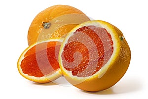 Whole, half and piece red sicilian orange on a white background. Full depth of field.