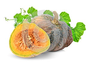 Whole and half pumpkin with leaf isolated on white