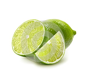 Whole, half and quarter piece lime isolated on white