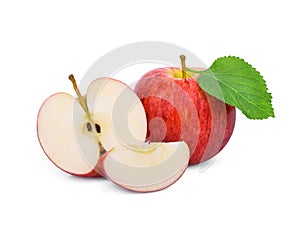 Whole and half red gala apple with green leaf isolated on white