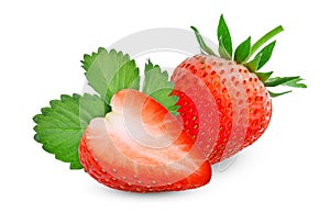 Whole and half of red strawberry with green leaves isolated