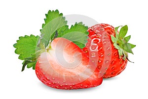 Whole and half of red strawberry with green leaves isolated