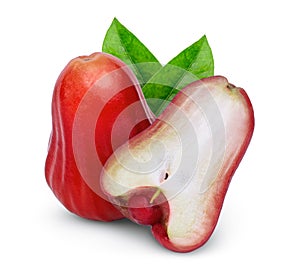 Whole and half rose apple or chomphu with green leaf isolated on white