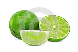 Whole and half with slice fresh green lime isolated on white