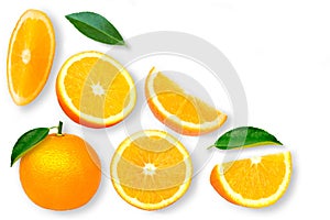 whole and half slice of ripe fresh organic orange fruit with green leaf isolated on white background.