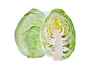 Whole and half sliced green pointed cabbage with half isolated