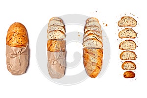 Whole, half, sliced homemade wheat grain fresh gluten free bread in craft paper tied by twine, space for text isolated white