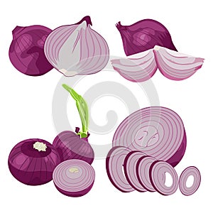 Whole, half and sliced red onions