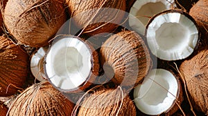 Whole and halved coconuts close-up