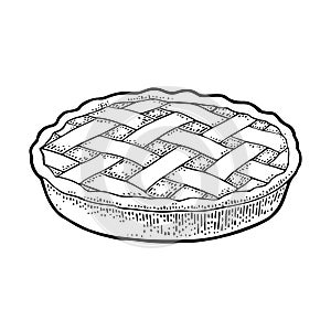 Whole homemade apple pie. Vector black vintage engraving