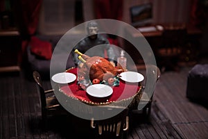 Whole Homemade Thanksgiving Turkey. Thanksgiving Turkey miniature on table. Selective focus