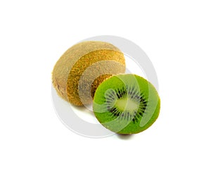 Whole kiwi fruit and half sliced segments isolated on white back