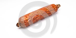 Whole krakowska sausage, isolated. Polish dry smoked sausage on white background. Packshot photo for package design.