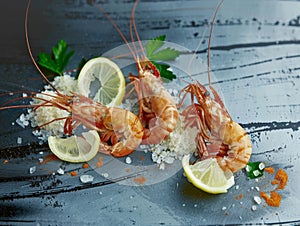 Whole langoustines with lemon and sea salt on distressed blue background, a fusion of rustic charm and gourmet seafood