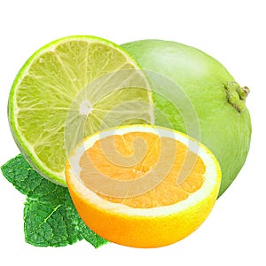 Whole lime and sliced lemon and lime with mint iisolated on whit
