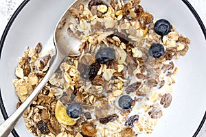 Whole oats breakfast, granola with dried fruit and blueberry, milk and honey. Healthy food, clean eating