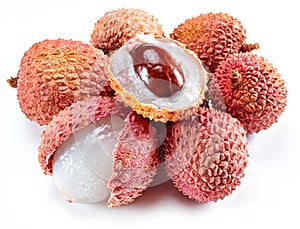 Whole and opened lychee fruit isolated on white background