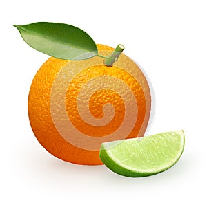 Whole orange fruit with green leaf and slice of lime