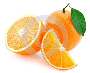 Whole orange, half of orange and orange segment.