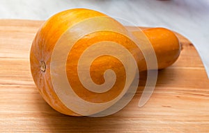 Whole orange long neck pumpkin on the wooden cutting board