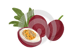 Whole passion fruits, passionfruit's half and leaf. Cut piece of maracuja with juicy flesh with seeds. Composition of