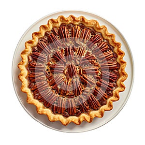A Whole Pecan Pie on a White Plate