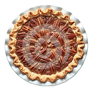 A Whole Pecan Pie in a White Pie Plate