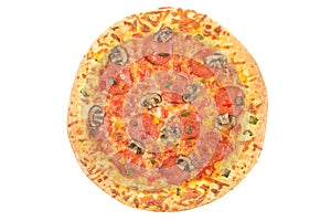 Whole pepperoni pizza top view on white