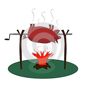 A whole pig is roasting over a fire on a rotisserie on bonfire with firewood on white background. Vector isolated drawing. 