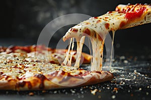 Whole pizza with cheese pull on a wooden board