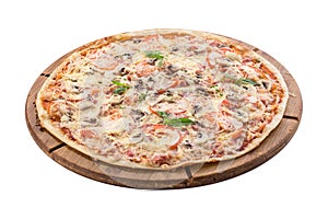 Whole pizza with mushrooms, ham and cheese on wooden board isolated on white background