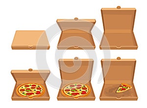 Whole pizza and slices of pizza in closed and open brown carton packaging box. Set isolated flat illustrations for poster,
