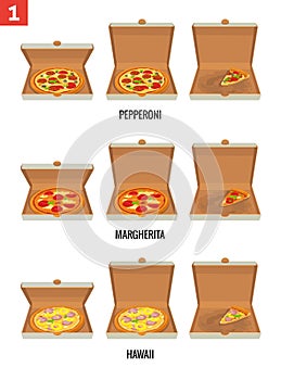 Whole pizza and slices of pizza in open and semi-open white box. Pepperoni, Hawaiian, Margherita. Vector isolated flat