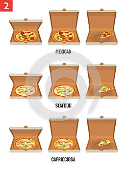 Whole pizza and slices of pizza in open and semi-open white box. Pepperoni, Hawaiian, Margherita. Vector isolated flat