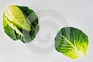 Whole Pointed Spring Cabbage and Leaf on Gray Background