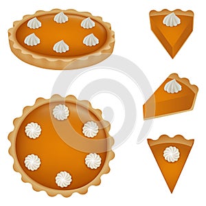 Whole pumpkin pie and pieces of pie illustration. Top and side view.