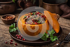 Whole pumpkin stuffed with barley and vegetables, served with pomegranate and parsley