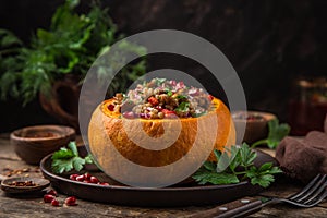Whole pumpkin stuffed with barley and vegetables, served with pomegranate and parsley