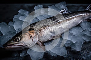 Whole Raw Sturgeon On Ice. Generative AI photo