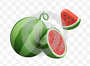 Whole realistic watermelon, half, triangular slice with seeds. Red natural dessert, juicy snack