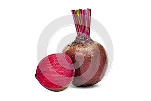 Whole red fresh beetroot and half. Isolated on white background.