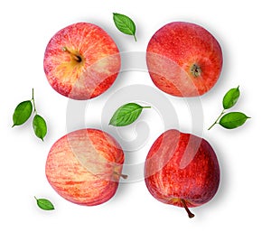 whole red gala apple with green leaf isloated on white background, flat lay, top view